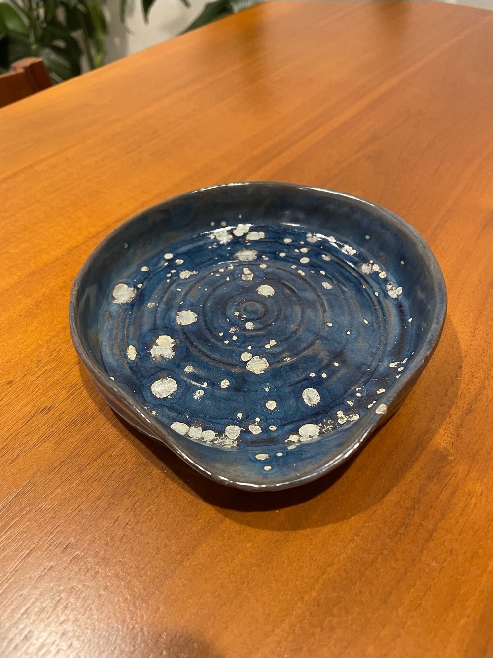 Handcrafted Ceramic Trinket Dish in Deep Blue with Speckled Accent